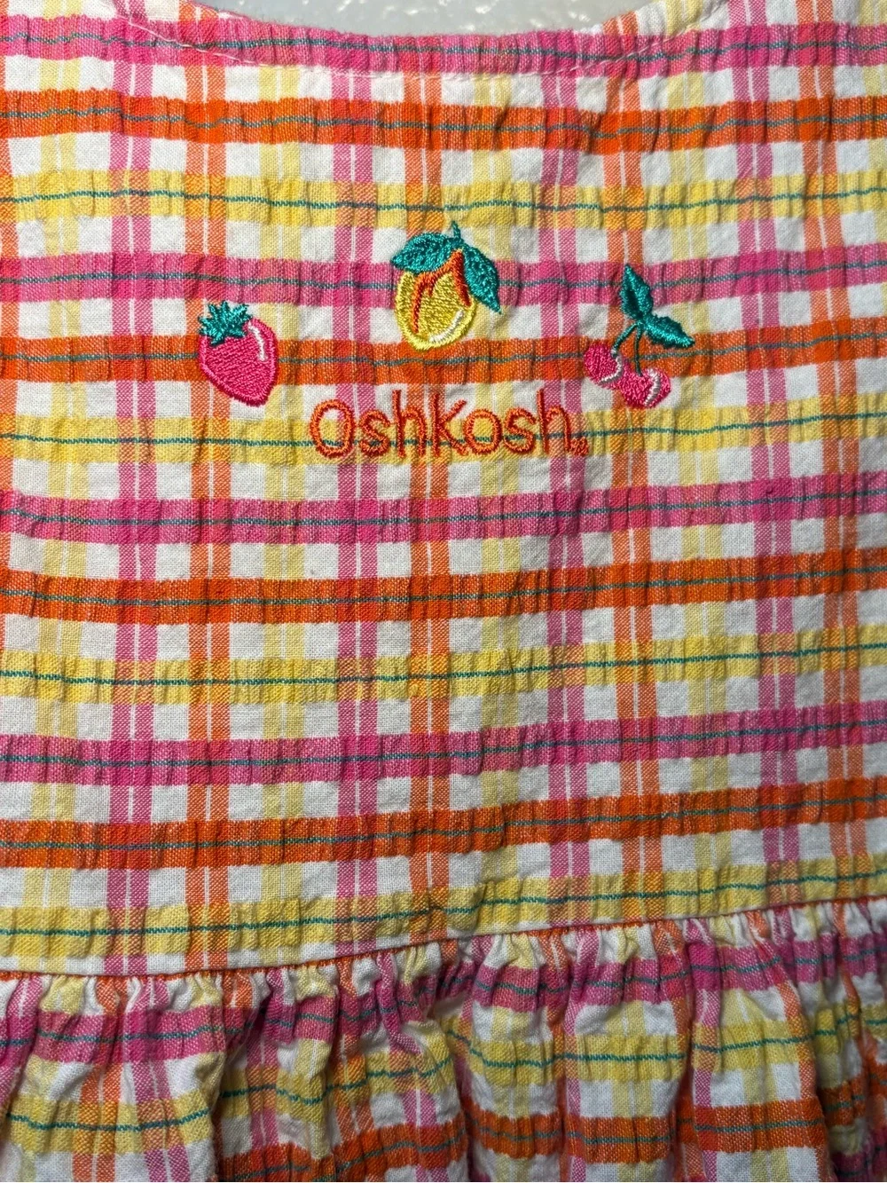 VTG OshKosh Dress Girls 4t Plaid Fruit Seersucker Pinafore Jumper  1990s